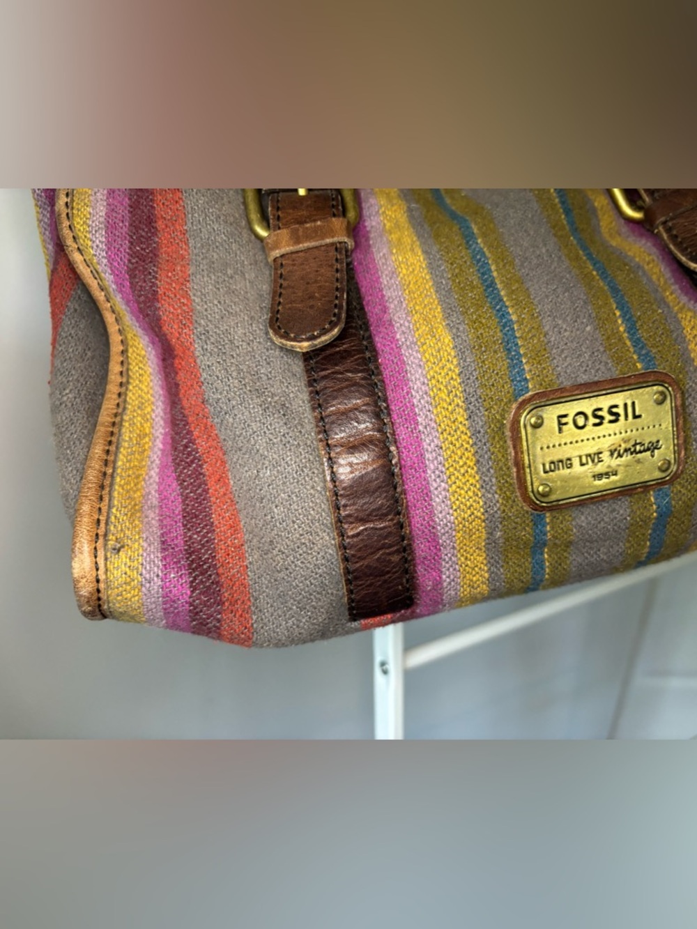 Vintage Fossil Striped Fabric Crossbody with Brown Leather Trim - Picture 11 of 16